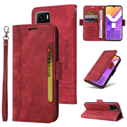 Red leather phone case with dual-side buckle, flip cover, and wrist strap.