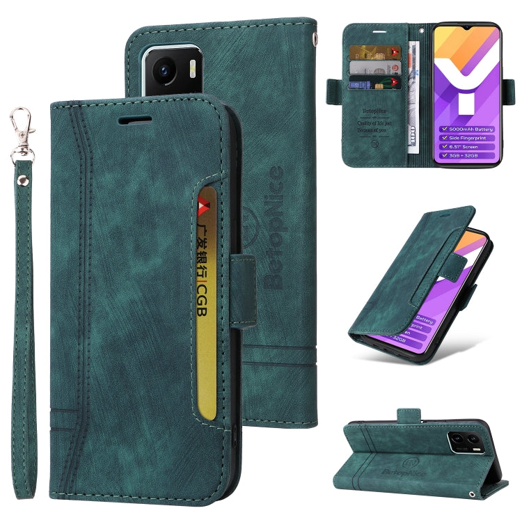 Green leather phone case with dual-side buckle, flip cover, and wrist strap.