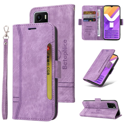 Purple leather phone case with dual-side buckle, flip cover, and wrist strap.