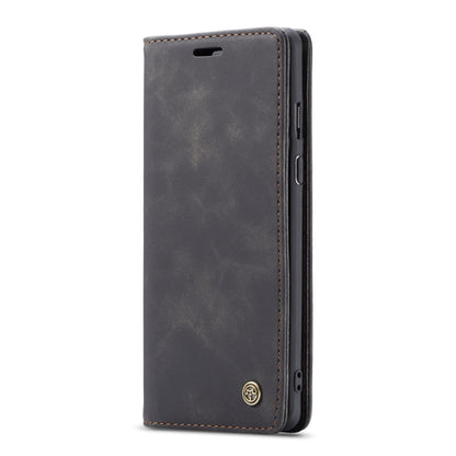 Leather flip phone case with card slot, dark gray, side cutouts and stitched edges