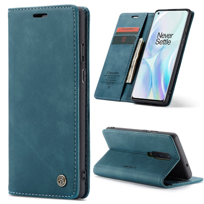 Leather flip phone case with card slot, teal blue, stitched edges