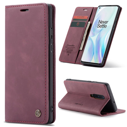 Leather wallet flip phone case with card slots and stand, wine red, phone secured