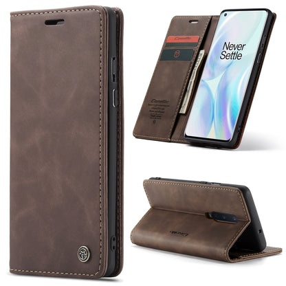 Brown leather flip phone case with card slots, wallet, and stand