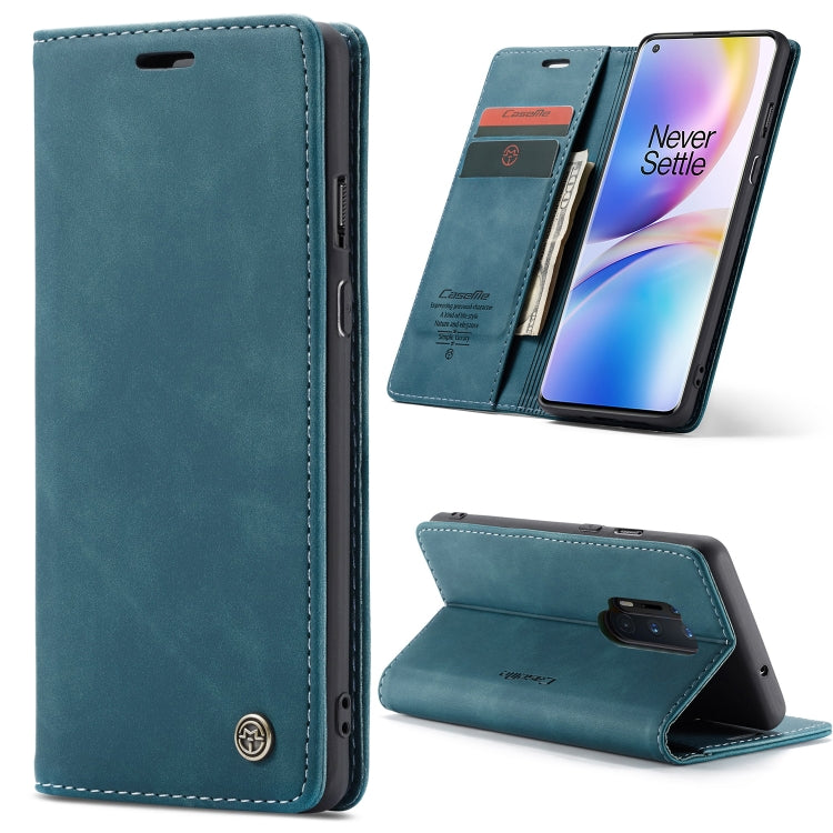 Blue leather flip phone case with card slots, wallet, and stand