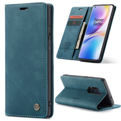 Blue leather flip phone case with card slots, wallet, and stand