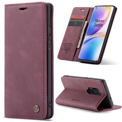 Wine red leather flip phone case with card slots, wallet, and stand