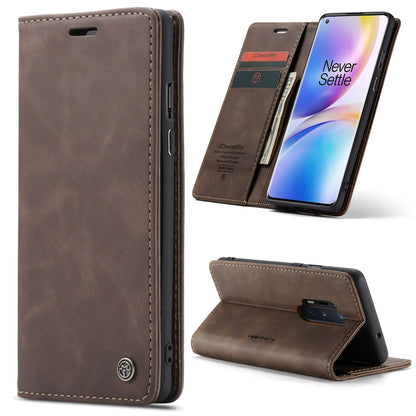 Dark brown leather flip phone case with card slots, wallet, and stand