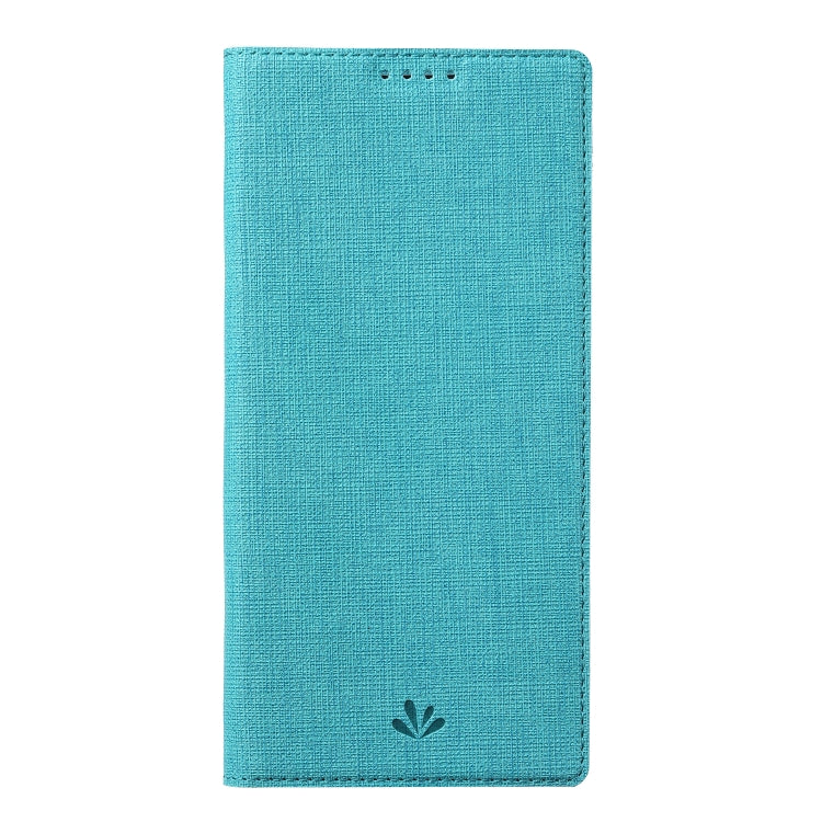 Blue fabric folio phone case with front flap and small emblem