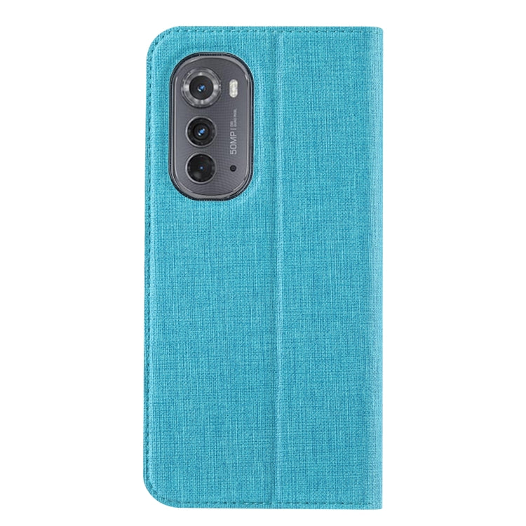 Blue fabric folio phone case with rear camera cutout and protective cover