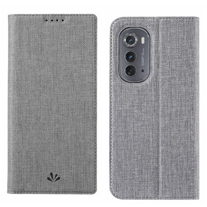 Grey fabric folio phone case with front flap cutouts and rear camera opening