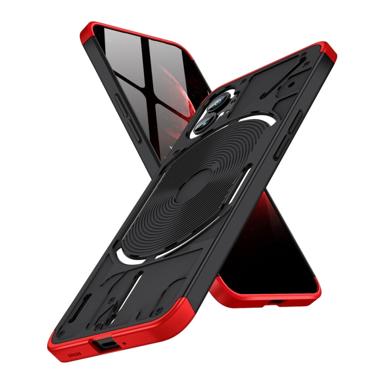 Black full-coverage phone case with red accents and built-in wireless charging pad