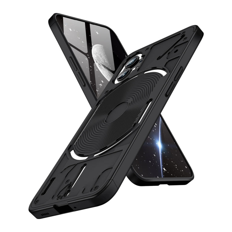 Black full-coverage phone case with raised camera area and wireless charging pad