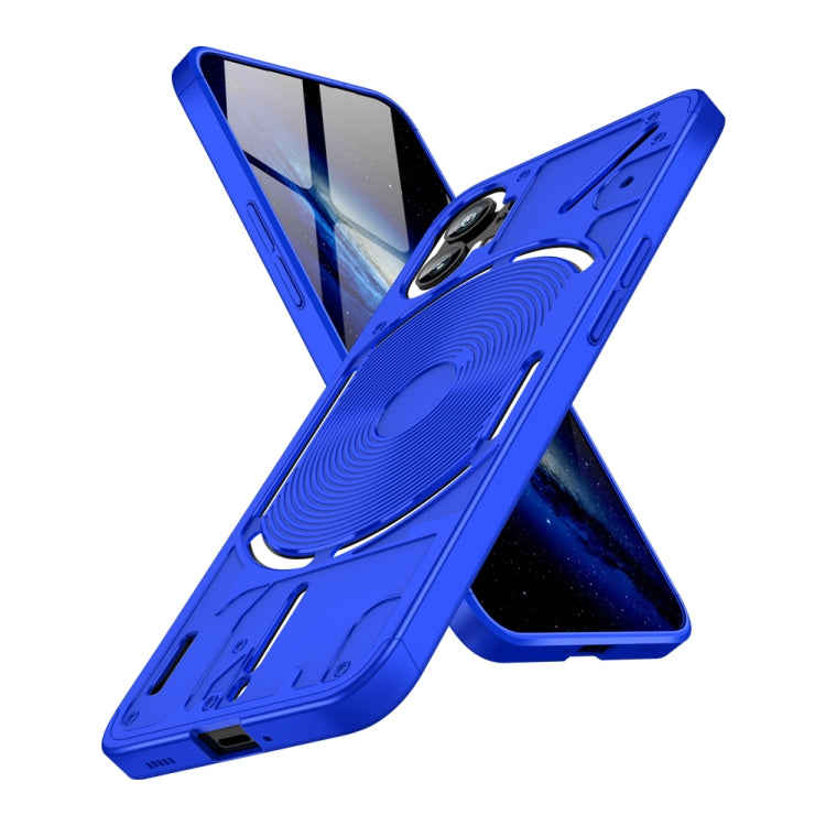 Blue full-coverage phone case with circular wireless charging pad and camera cutouts