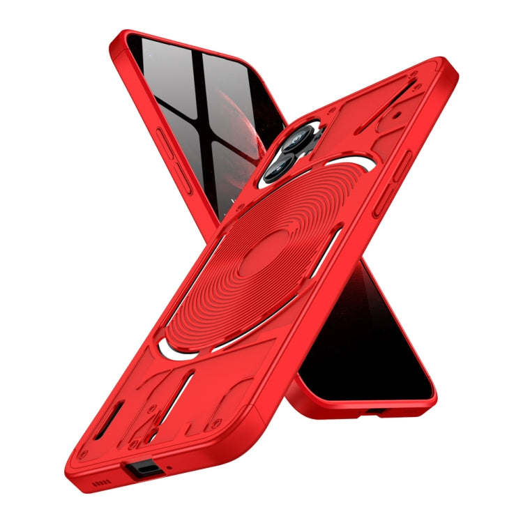 Red full-coverage phone case with circular wireless charging pad and raised camera area