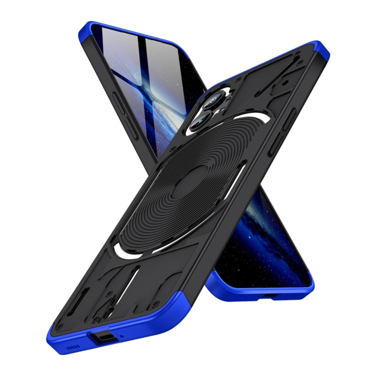 Black phone case with blue accents and built-in ring stand for full coverage