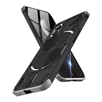Black phone case with silver accents and ring stand, full-coverage protection