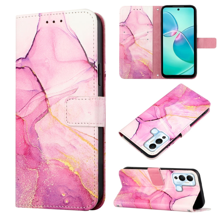Marble pattern flip leather phone case with pink and purple swirls, magnetic clasp