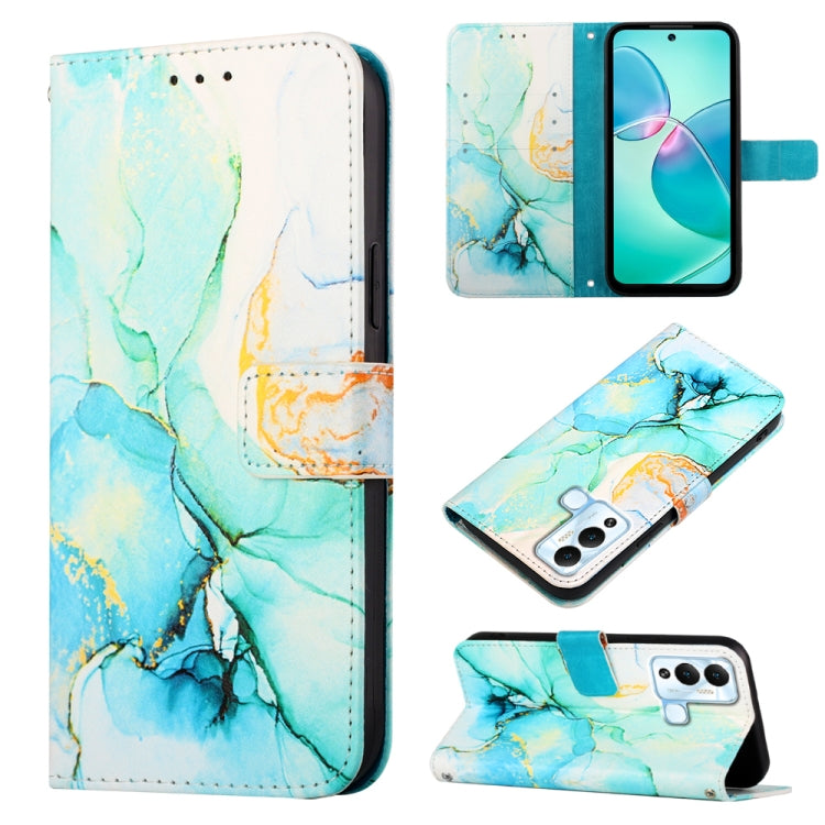 Marble pattern flip leather phone case with blue and green swirls, magnetic clasp