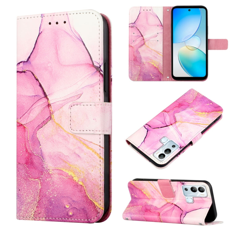 Marble pattern flip leather phone case with pink and gold swirls, magnetic closure