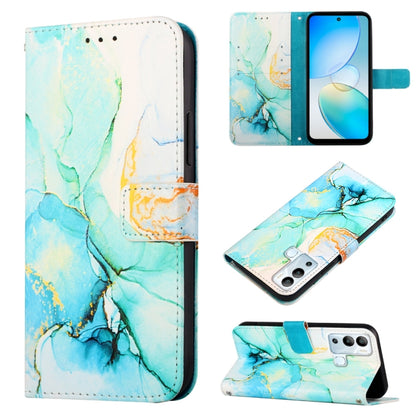 Marble pattern flip leather phone case with blue and yellow swirls, card slots