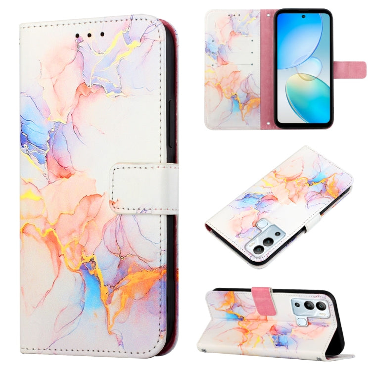 Marble-pattern flip leather phone case, white with pink and orange marbling folio