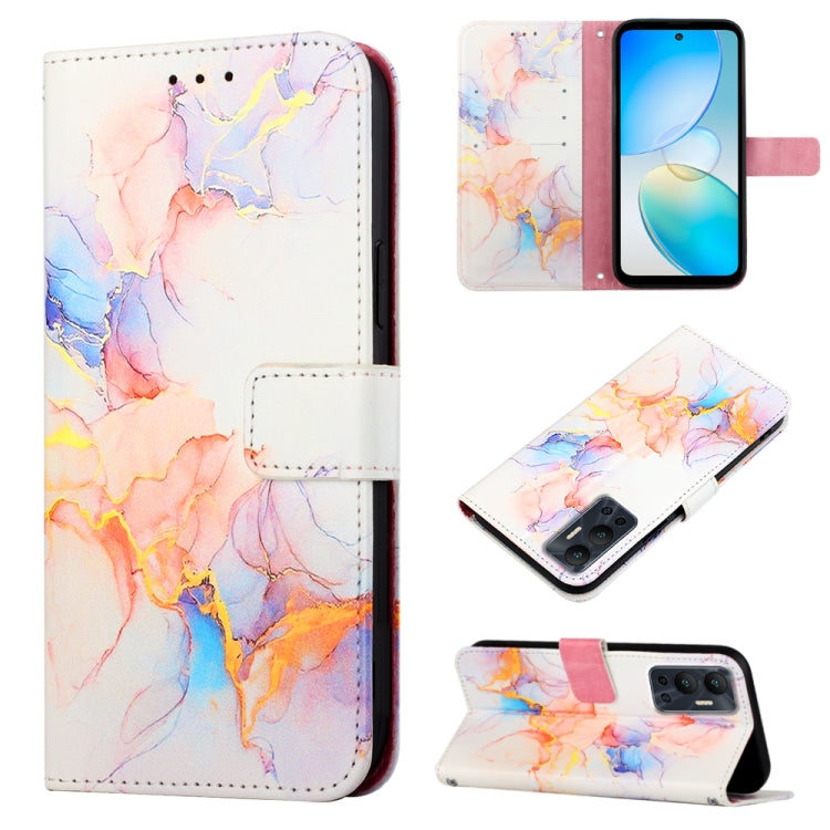 Marble-pattern flip leather phone case, white with pink and orange swirl marbling