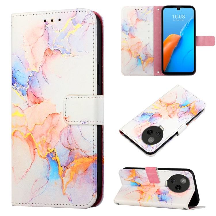 Marble-pattern flip leather phone case with colorful swirls in pink and orange on white