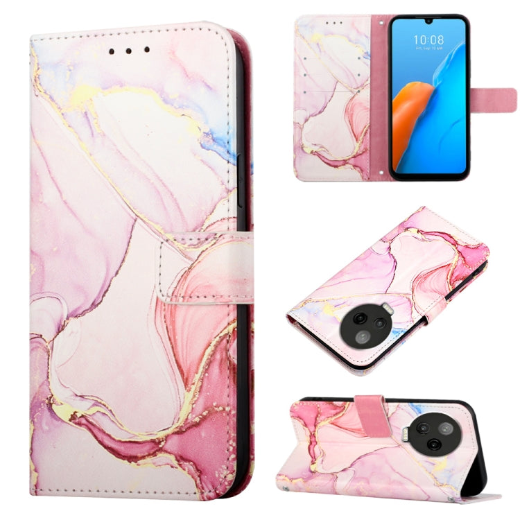 Marble-pattern flip leather phone case with pink and gold swirls on light base, card slot