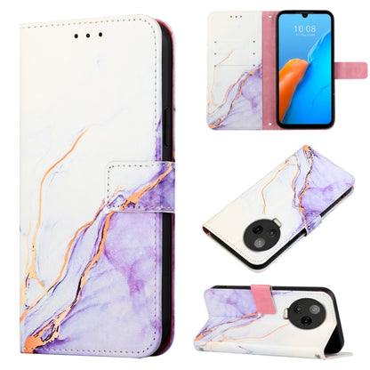Marble-pattern flip leather phone case in white with purple and orange veins, magnetic flap