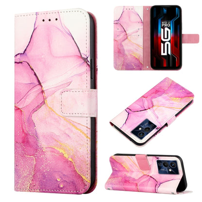 Marble-pattern flip leather phone case with pink glitter look and gold lines on white