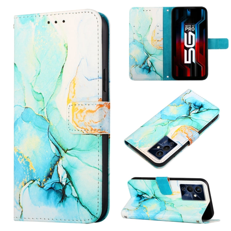Marble-pattern flip leather phone case in teal, blue, and gold swirls with front stand