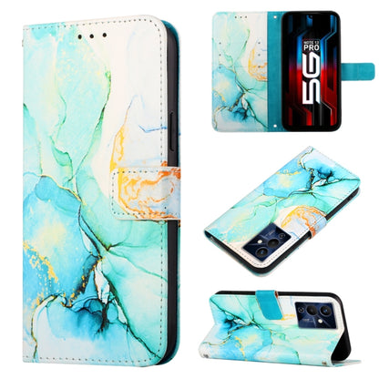 Marble-pattern flip leather phone case in teal, blue, and gold swirls with front stand