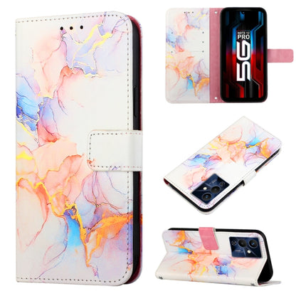 Marble-pattern flip leather phone case with peach and pink swirls on white, fold-out stand