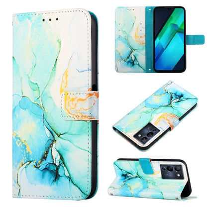 Marble-pattern flip leather phone case with teal marble swirls and gold lines, stand ready