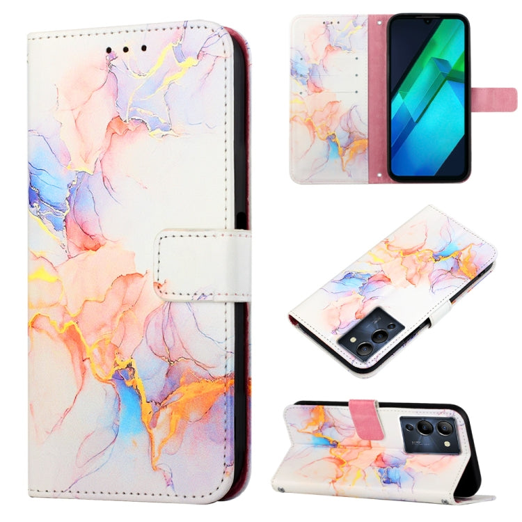 Marble pattern flip leather phone case, white with pink and blue swirls, camera cutout