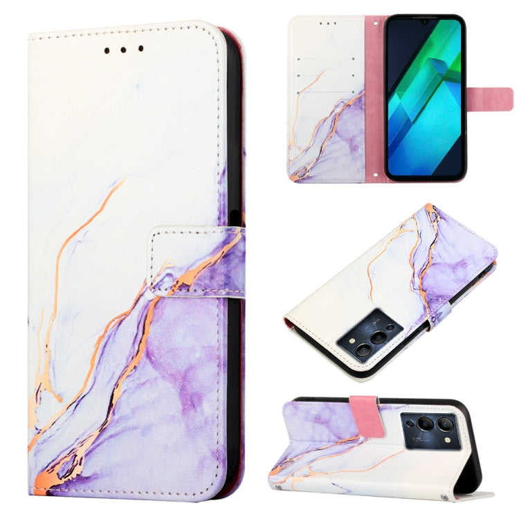 Marble pattern flip leather phone case, white with purple streaks, front and side view