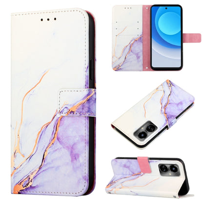 Marble pattern flip leather phone case, white and purple with camera cutout