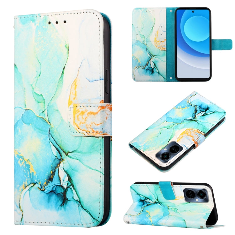 Marble pattern flip leather phone case, teal-blue marble design with gold accents, wallet-style flap