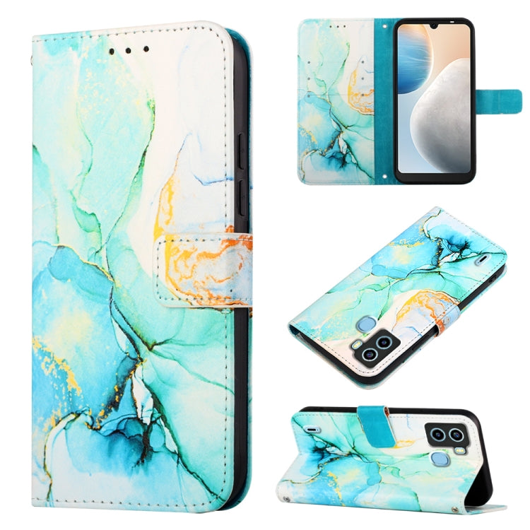 Marble blue flip leather phone case with wallet folio, card slots, and stand