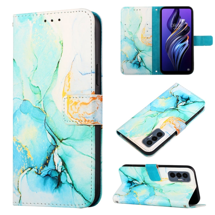 Marble blue flip leather phone case with wallet folio, card slots, and stand