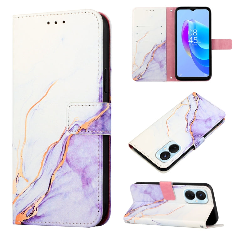 Marble flip leather phone case with white-lavender pattern, stand cover and two-camera cutout