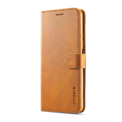 Brown leather-style folio phone case with stitched flap and card holder