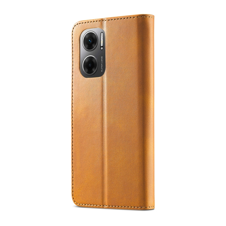 Brown leather-style phone case with dual camera cutout and side openings