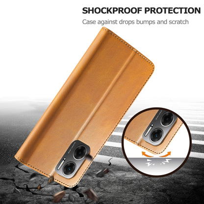 Brown leather-style folio phone case with protective design and angled view