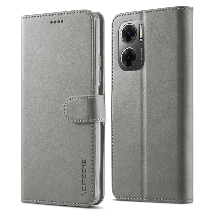 Grey leather-style flip phone case with card holder and dual camera cutout
