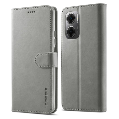 Grey leather-style flip phone case with card holder and dual camera cutout
