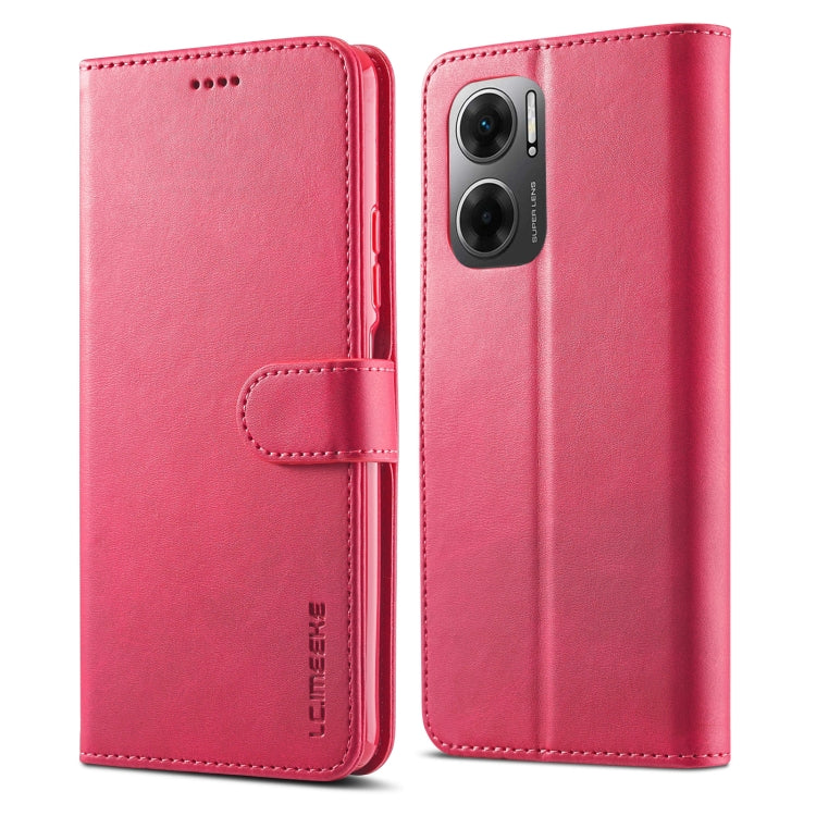 Red leather-style flip phone case with card holder and dual camera cutout