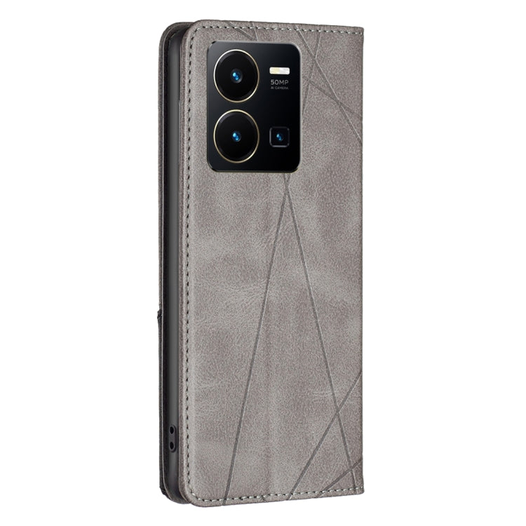 Grey leather phone case with camera cutout and geometric panel, magnetic folio cover.