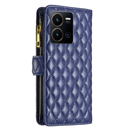 Blue diamond lattice zipper wallet phone case with phone camera cutout