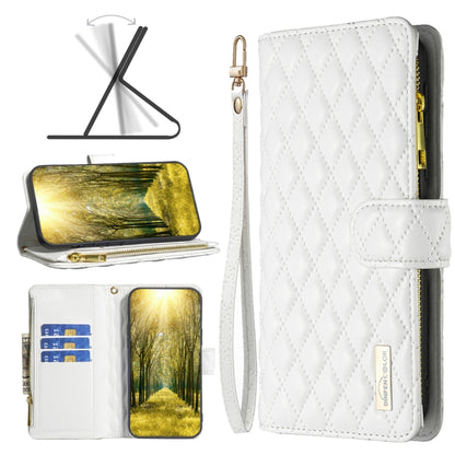White diamond lattice zipper wallet phone case with wrist strap and card slots